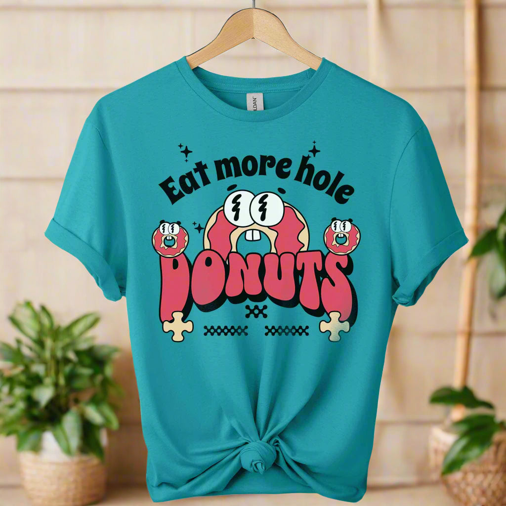 Eat More Holes Donut T-Shirt gildan premium shirt front design donut with typography eatmore holes and the color of    tropical blue