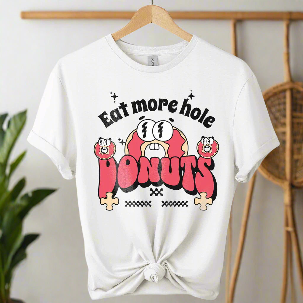Eat More Holes Donut T-Shirt gildan premium shirt front design donut with typography eatmore holes and the color of  white