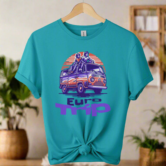 Retro van Car Front Graphic design  and Eurotrip typography with the color  Tropical_blue