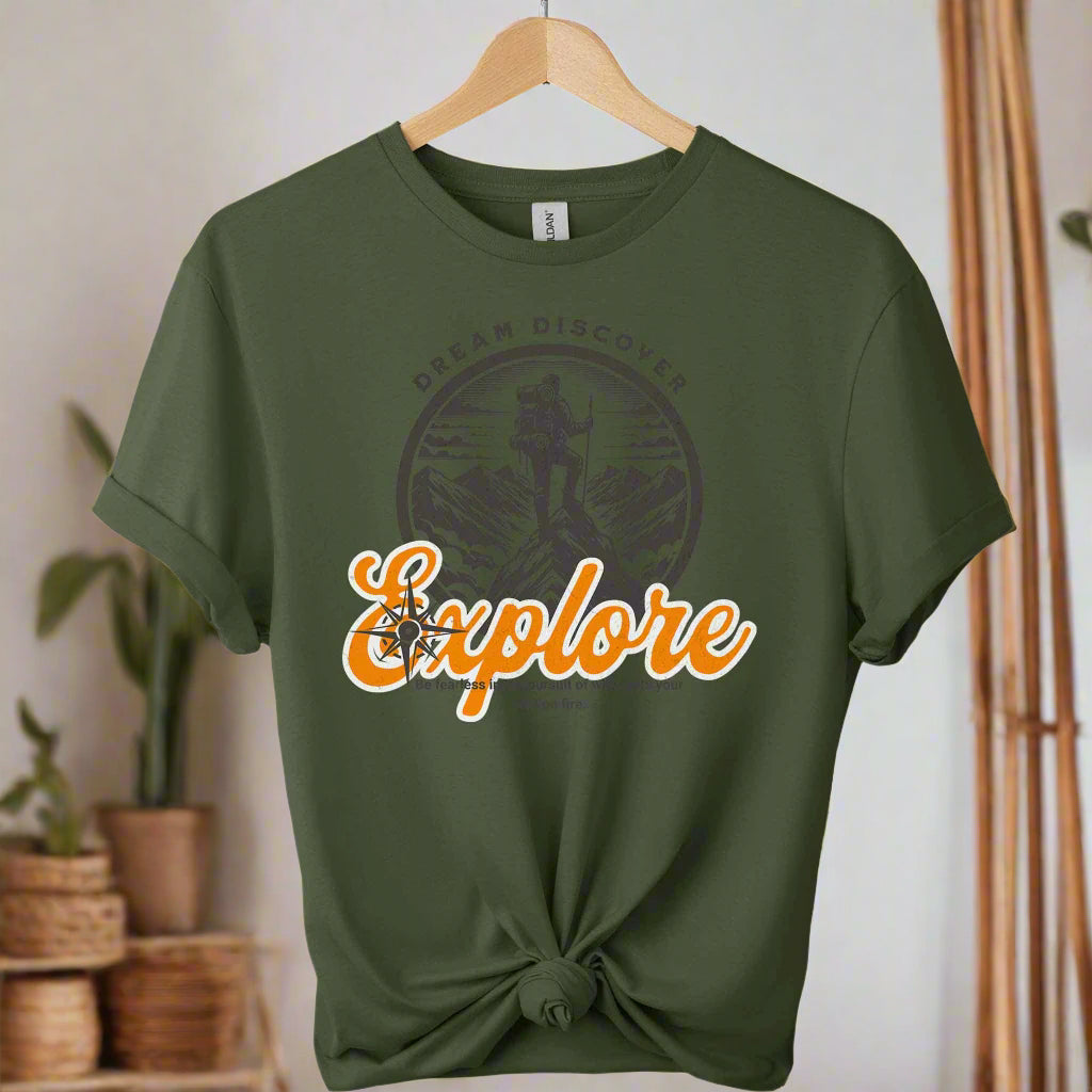 T-shirt with front Graphic mountain and typography explore Vintage retro Design Graphics color military green