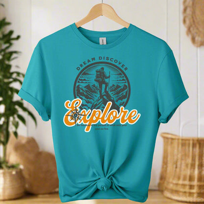 T-shirt with front Graphic mountain and typography explore Vintage retro Design Graphics color  tropical blue