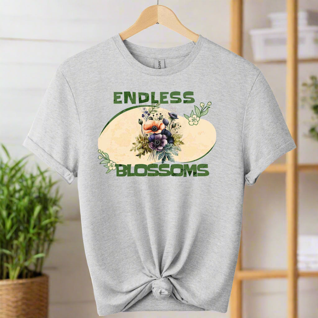 Graphic design with front image of flowers blossom and typography endless blossom ,boho design color  Sport_grey_