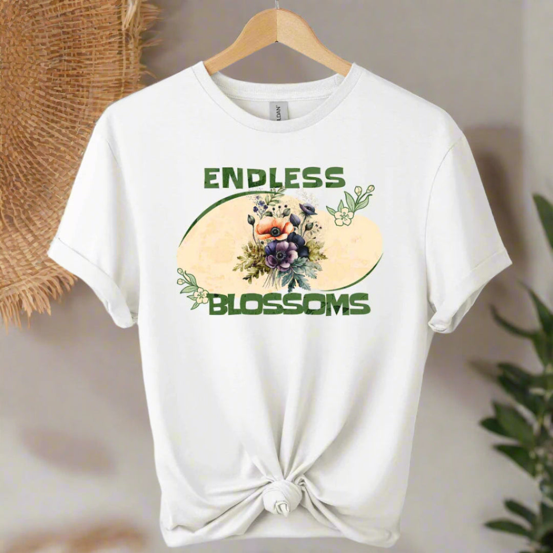 Graphic design with front image of flowers blossom and typography endless blossom ,boho design color  white