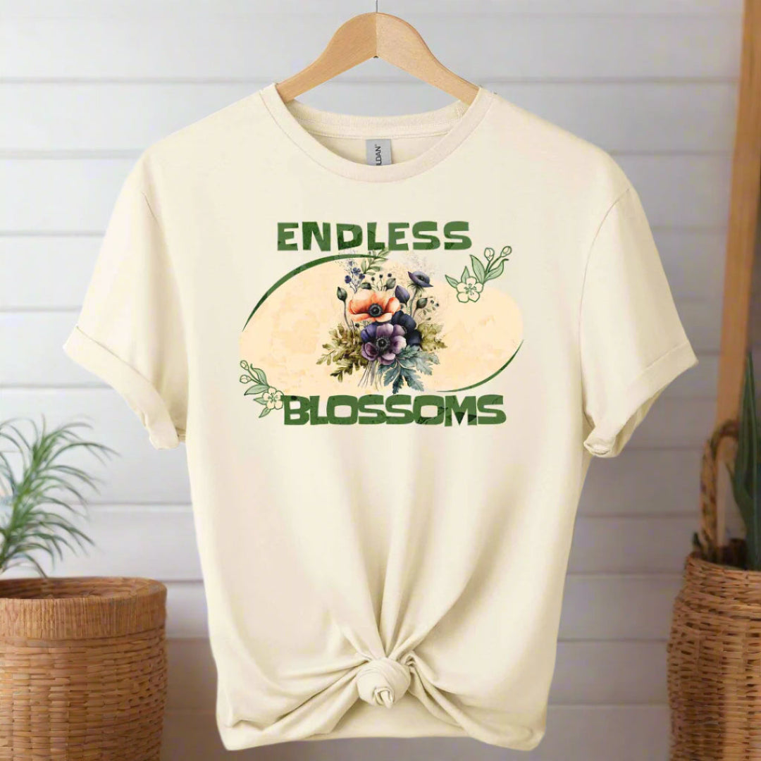 Graphic design with front image of flowers blossom and typography endless blossom ,boho design color natural 