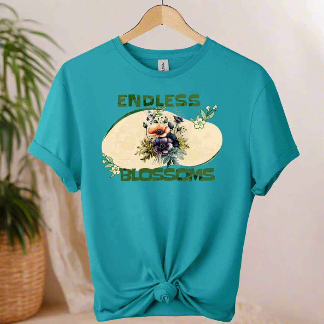 Graphic design with front image of flowers blossom and typography endless blossom ,boho design color Tropical_blue