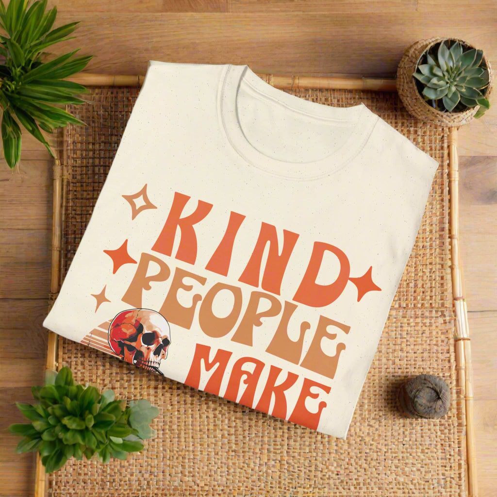 Folded Natural t-shirt with 'Kind People Make' text and star designs on a white background