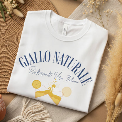White t-shirt with 'GIALLO NATURALE' text and lemon graphic on a white background