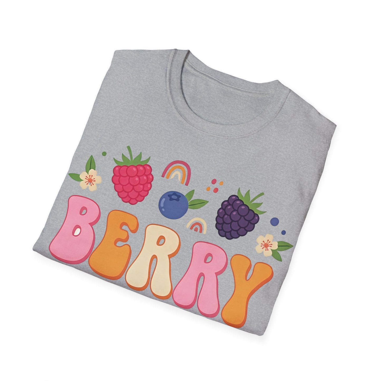 Folded gray t-shirt with colorful 'BERRY' design on a white background