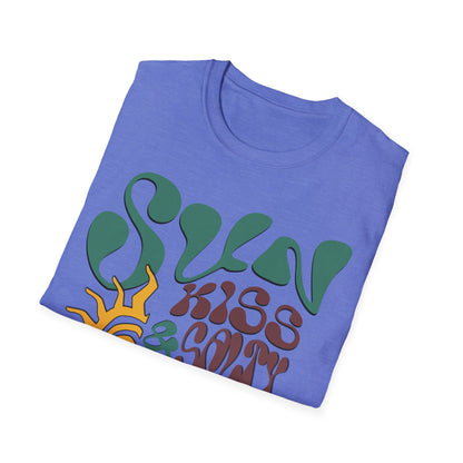 Folded heather blue t-shirt with colorful text design on a white background