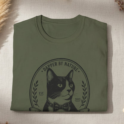 Folded military green t-shirt with a campfire design on a white background