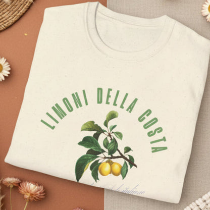 Sand color  foldedt-shirt with a vintage Italian botanical lemon branch graphic and green Limoni Della Costa Italia text