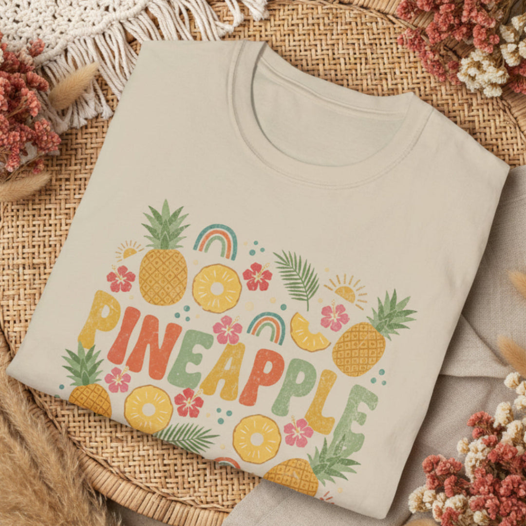 Folded sand t-shirt with colorful pineapple design on a boho background