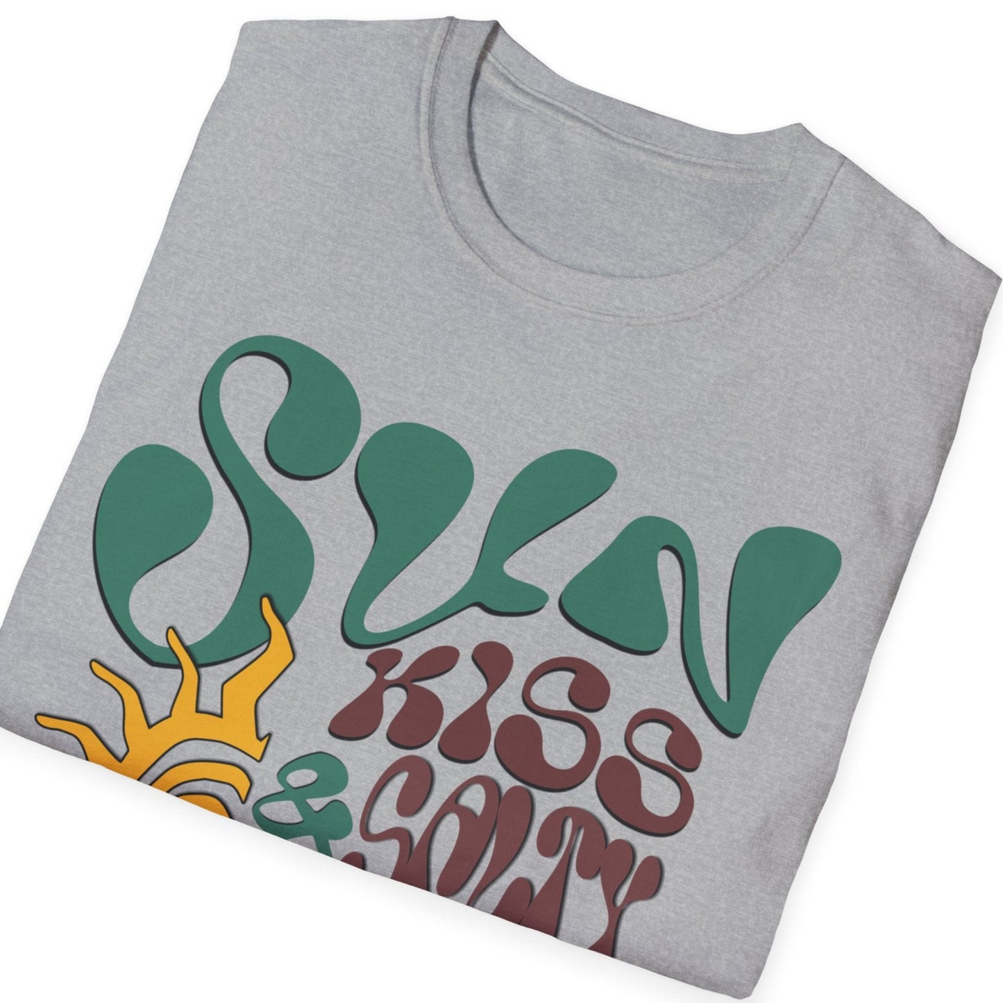 Folded sport gray t-shirt with colorful text design on a white background