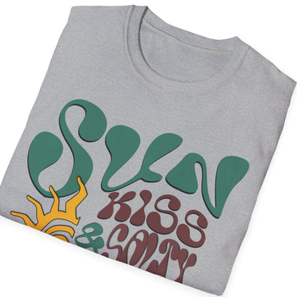 Folded sport gray t-shirt with colorful text design on a white background