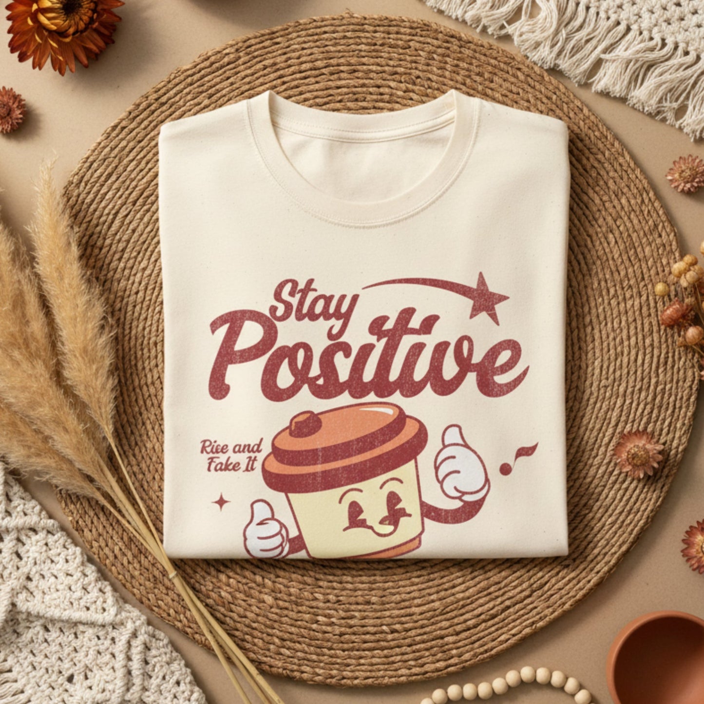 Folded t-shirt with 'Stay Positive' text and coffee graphics on a boho background