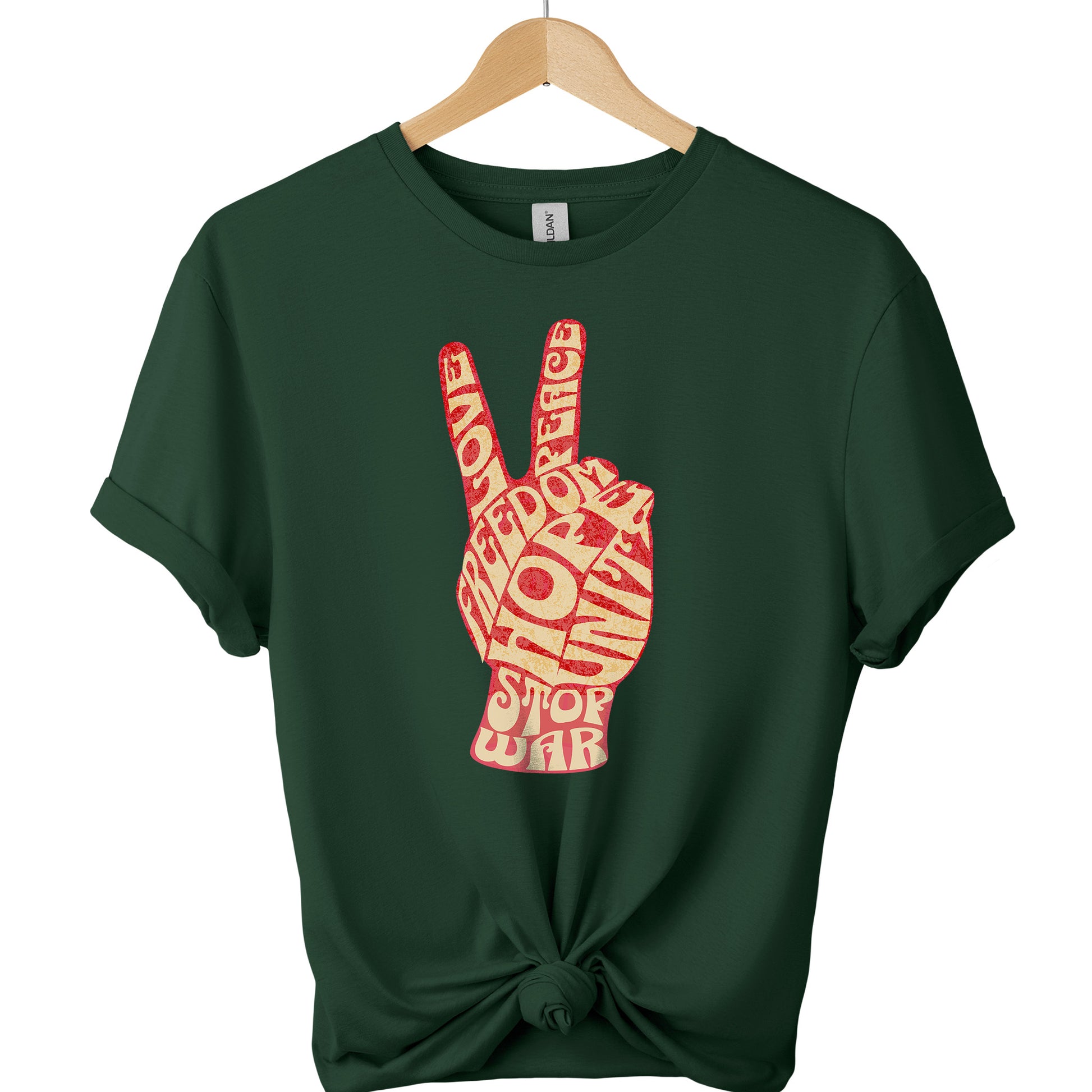 Stop war t-shirt with peace hand sign and freedom hope unite typography shirts color forest green
