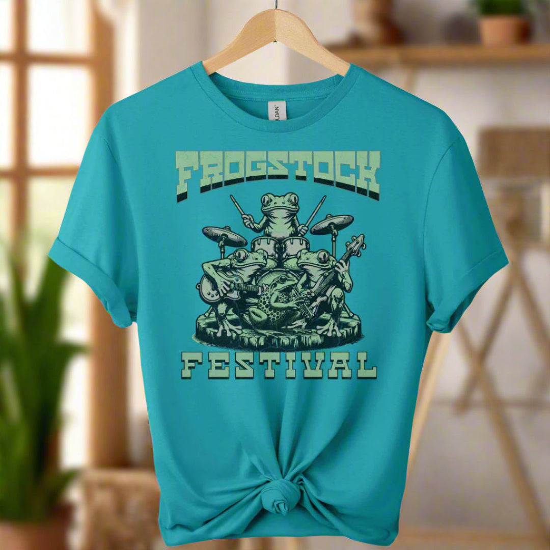 T-Shirt with frog graphic design and frogstock typography Retro Vintage Vibes for Timeless Fashion color  tropical blue