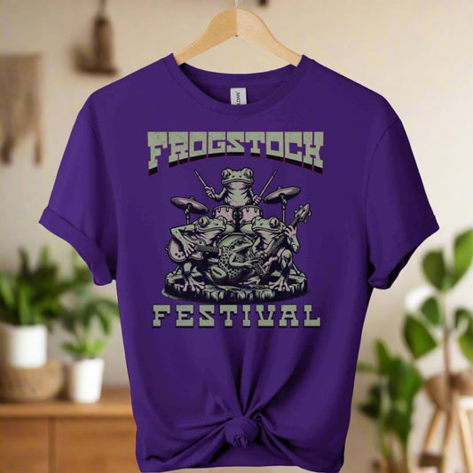 T-Shirt with frog graphic design and frogstock typography Retro Vintage Vibes for Timeless Fashion color  purple