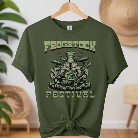 T-Shirt with frog graphic design and frogstock typography Retro Vintage Vibes for Timeless Fashion color Military_green