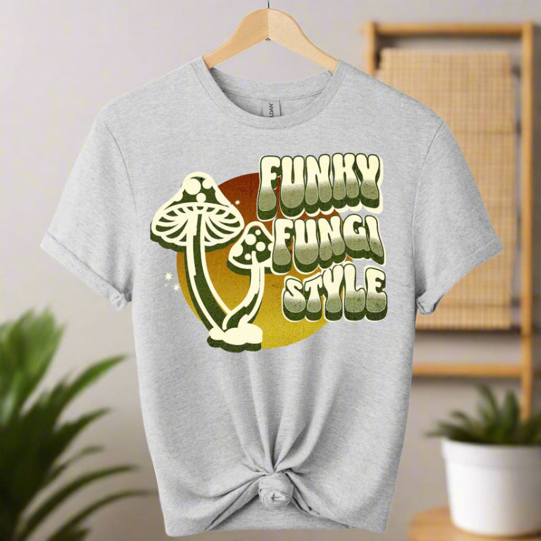 Graphic tees with fungi design and typography funky mushroom style boho style retro vintage color Sport_grey