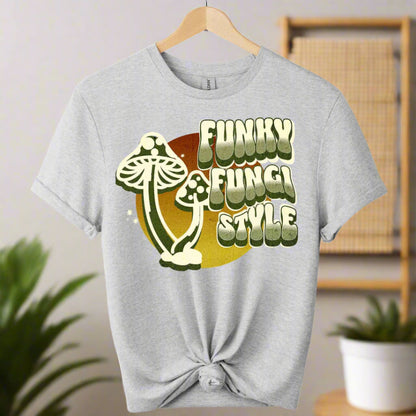 Graphic tees with fungi design and typography funky mushroom style boho style retro vintage color Sport_grey