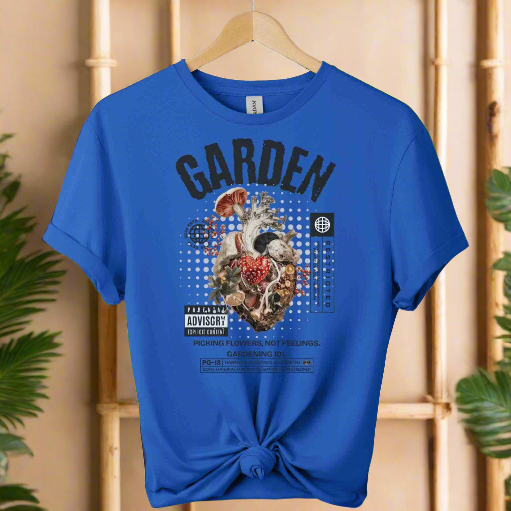 T-shirts with heart plants graphic front design and garden typography boho style retro vintage design with color  royal blue