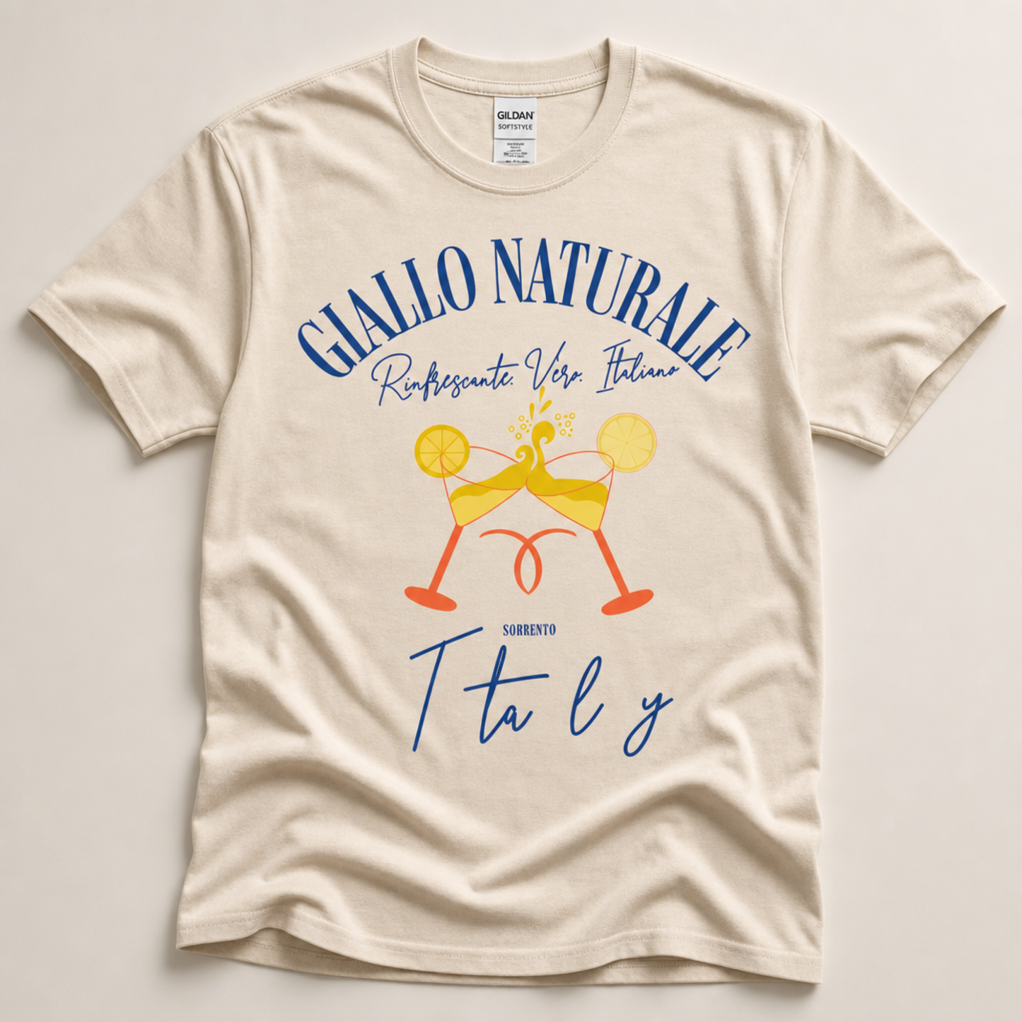Natural t-shirt with colorful graphic and text on a light gray background