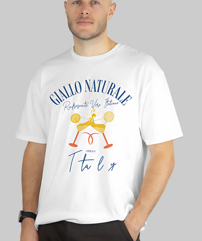 Man wearing a white t-shirt with a colorful graphic and text on a plain background