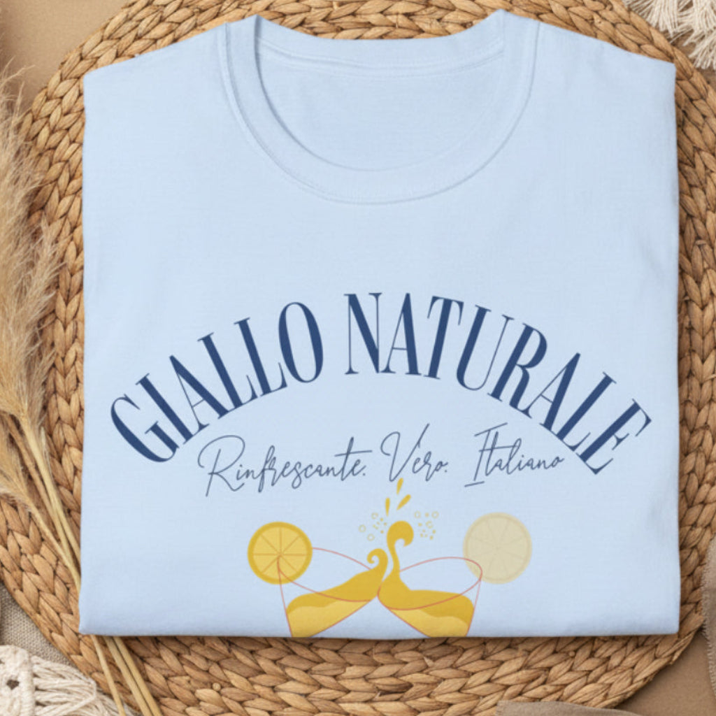 Light blue t-shirt with text and graphics on a white background