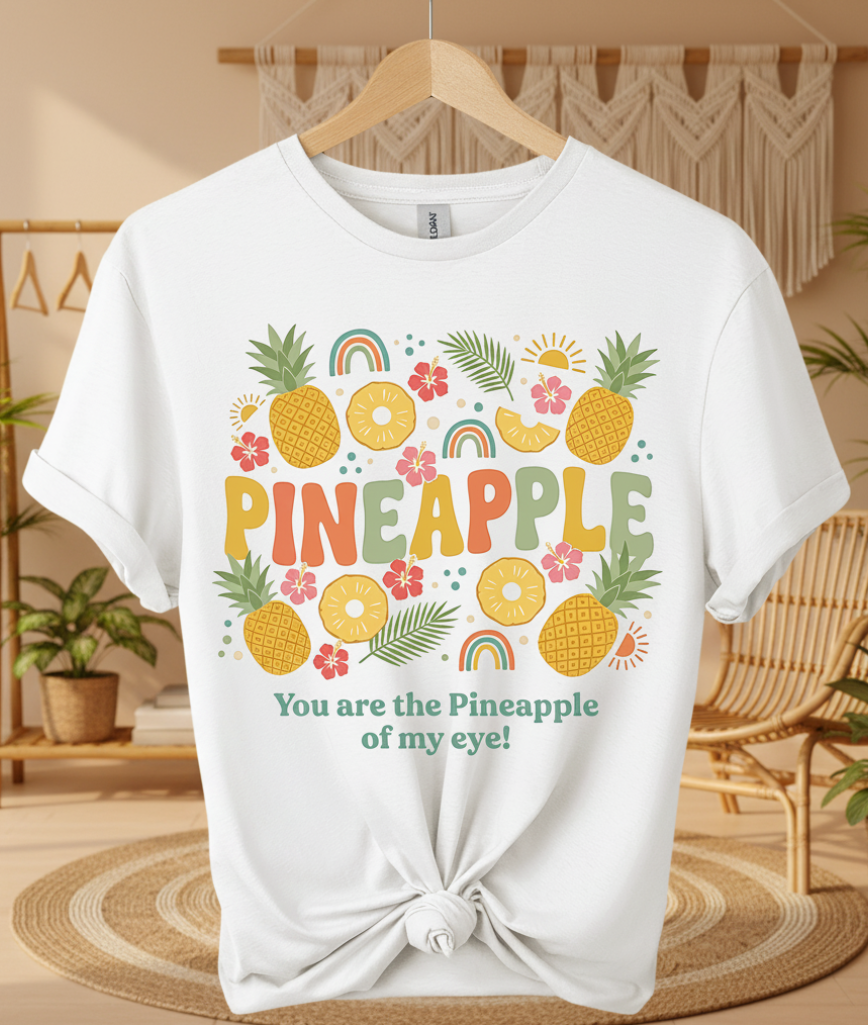 White t-shirt with colorful pineapple design and text on a white background
