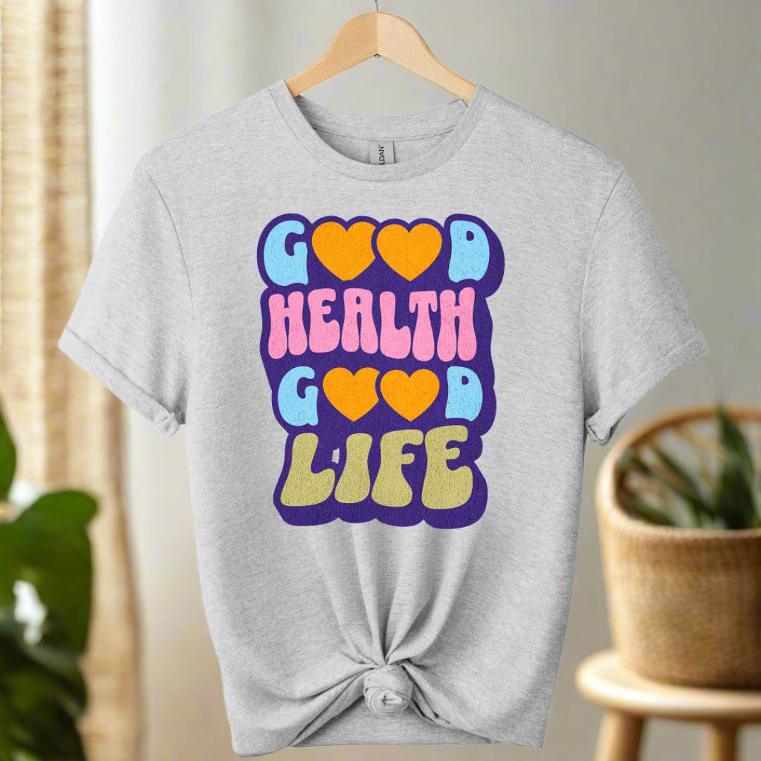 Front T-shirt with Good health typography Graphic tees top shirts with the color of Sport_grey