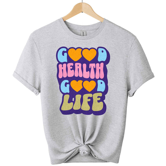 Front T-shirt with Good health typography Graphic tees top shirts with the color of Sport_grey
