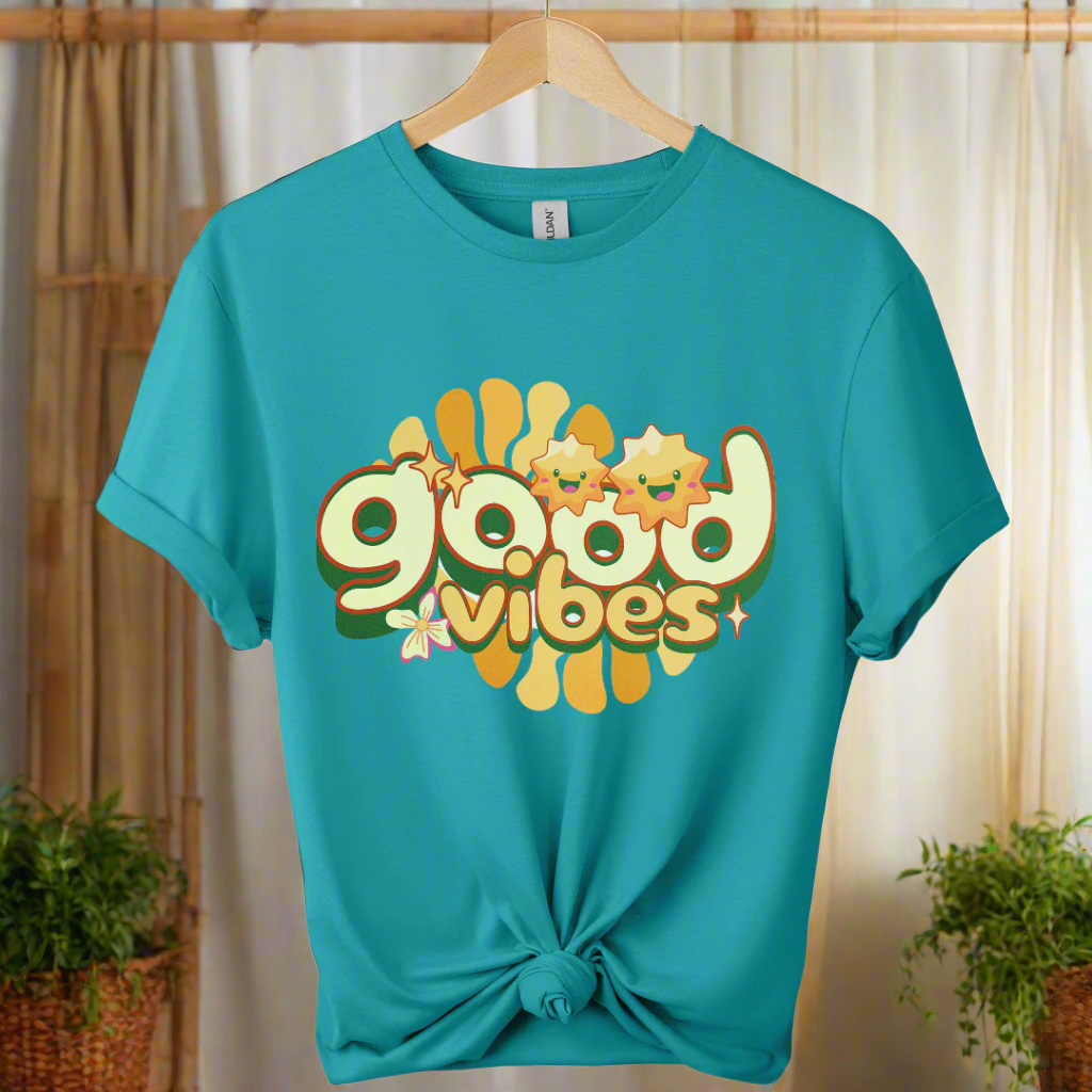 Premium shirt with good vibes graphic unique design 70,s & 80's design tees boho style color tropical blue