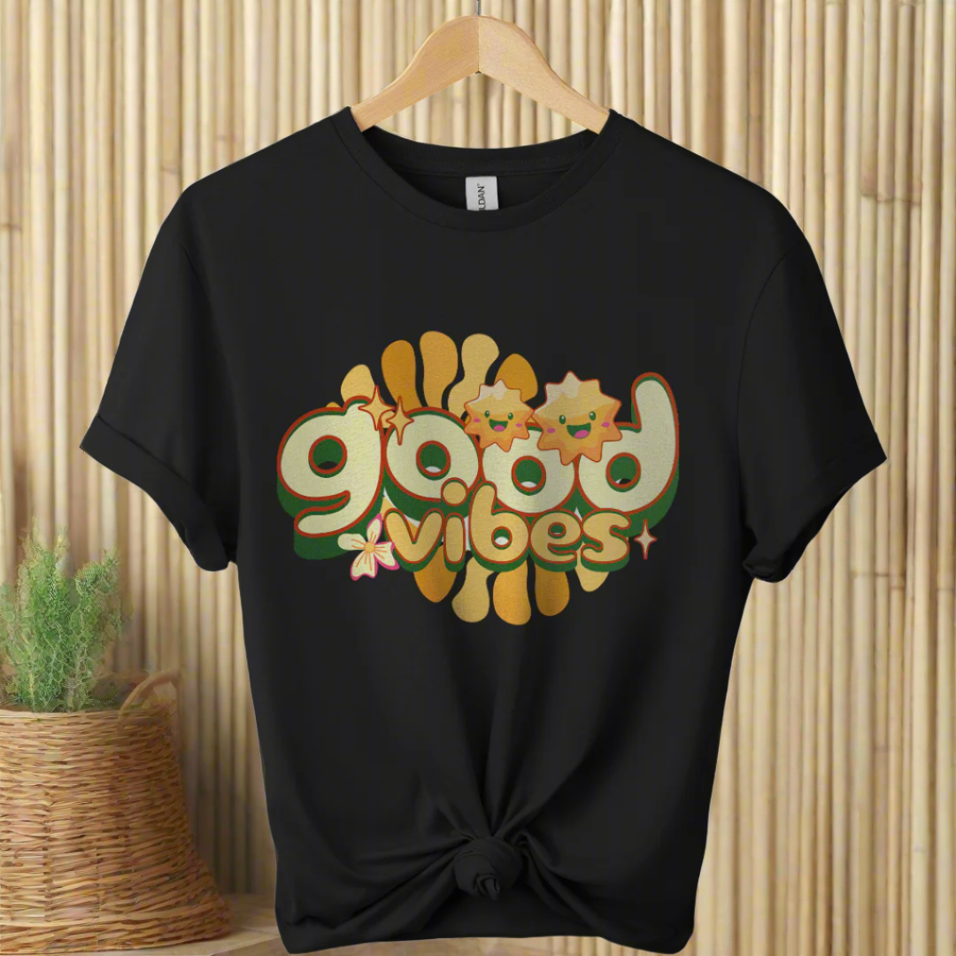 Premium shirt with good vibes graphic unique design 70,s & 80's design tees boho style color Black