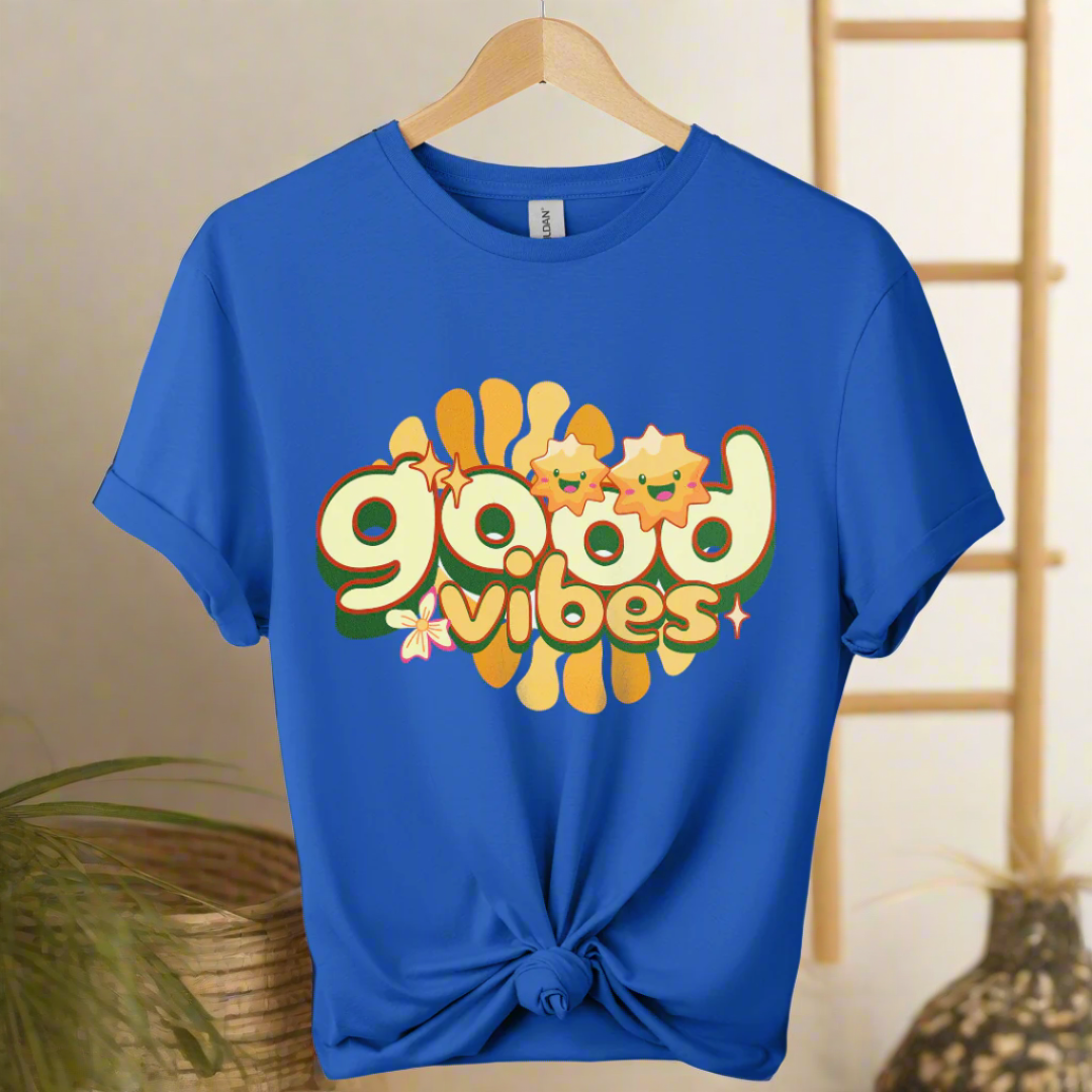 Premium shirt with good vibes graphic unique design 70,s & 80's design tees boho style color Royal Blue