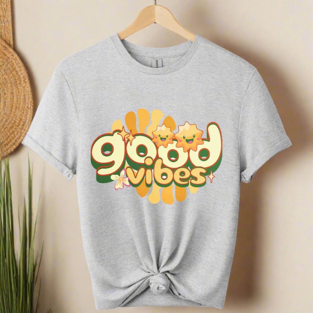Premium shirt with good vibes graphic unique design 70,s & 80's design tees boho style color sport grey