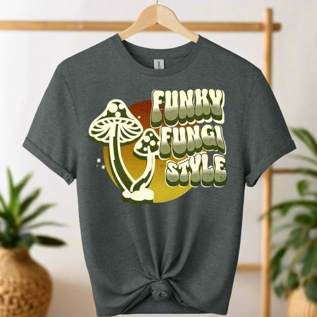 Graphic tees with fungi design and typography funky mushroom style boho style retro vintage color Dark Heather