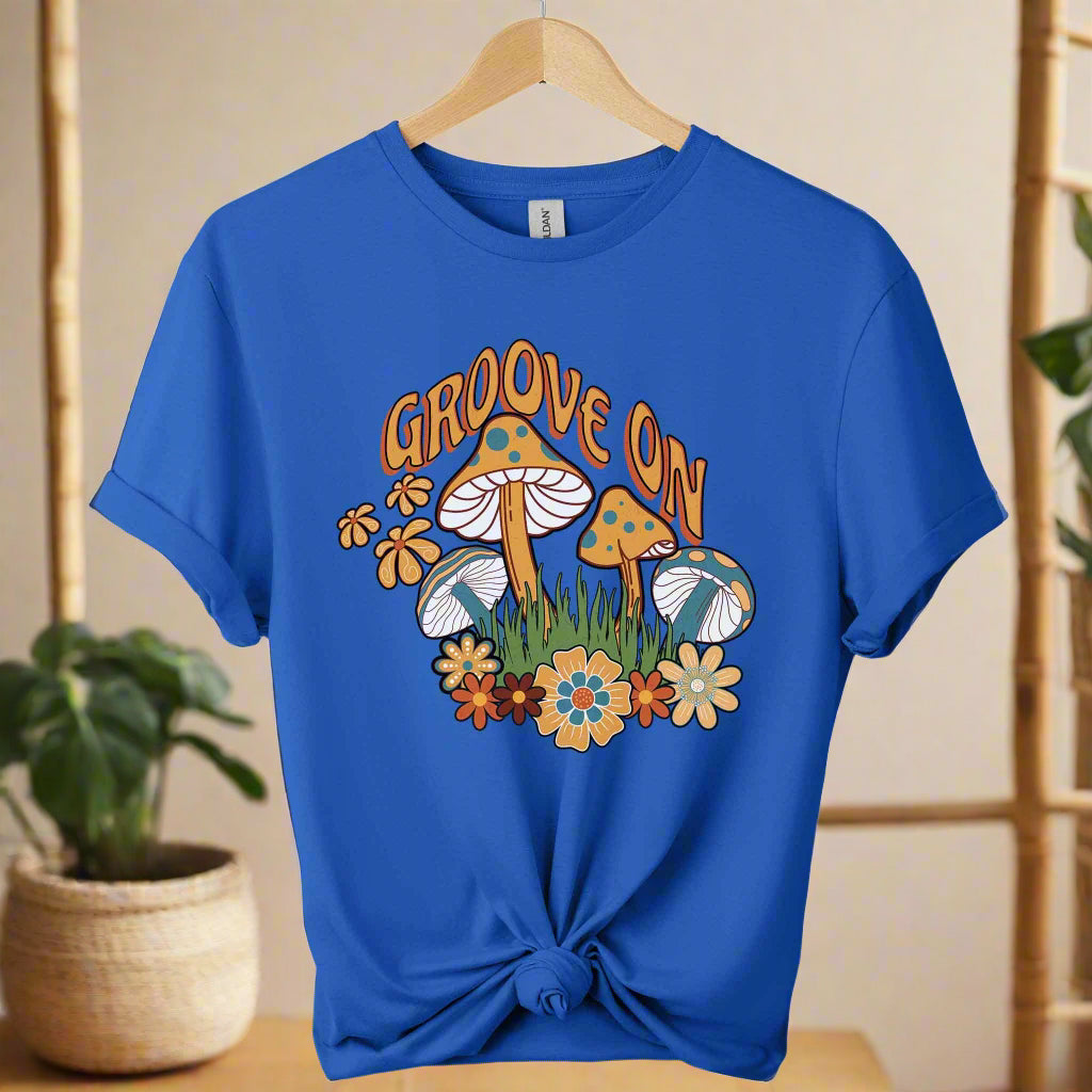 T-shirts color royal blue boho inspired mushroom design and typography retro vintage graphic tee