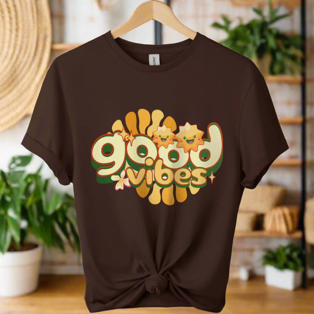 Premium shirt with good vibes graphic unique design 70,s & 80's design tees boho style color Dark chocolate