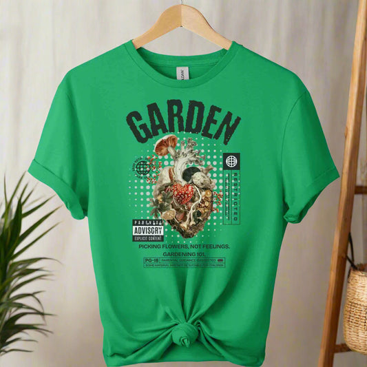 T-shirts with heart plants graphic front design and garden typography boho style retro vintage design with color irish green