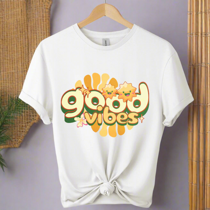 Premium shirt with good vibes graphic unique design 70,s & 80's design tees boho style color white