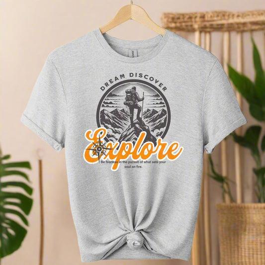 T-shirt with front Graphic mountain and typography explore Vintage retro Design Graphics color Sport_grey_