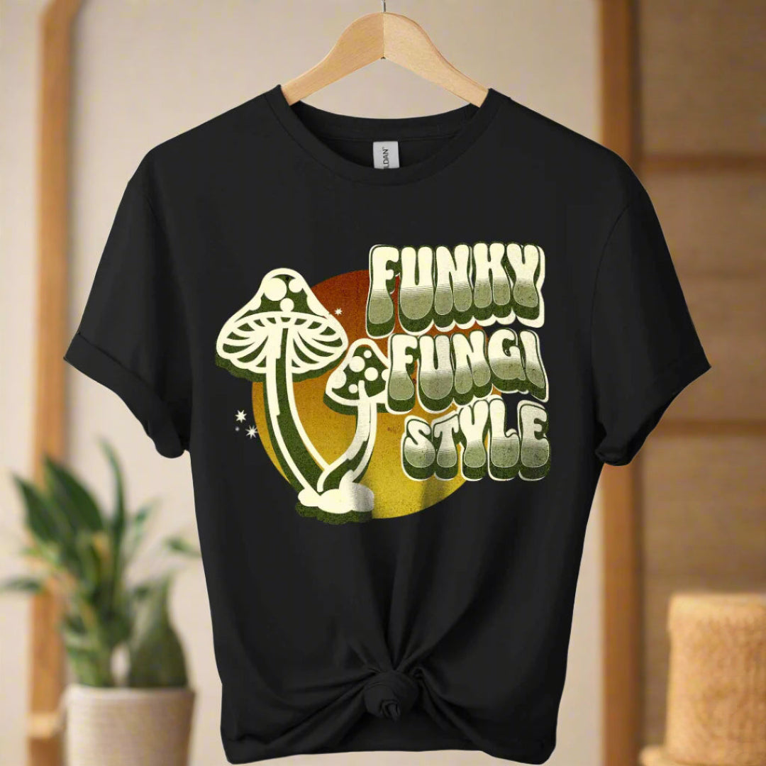 Graphic tees with fungi design and typography funky mushroom style boho style retro vintage color black