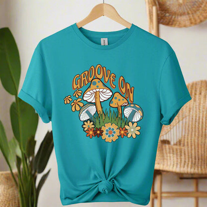 T-shirts color tropical blue boho inspired mushroom design and typography retro vintage tee