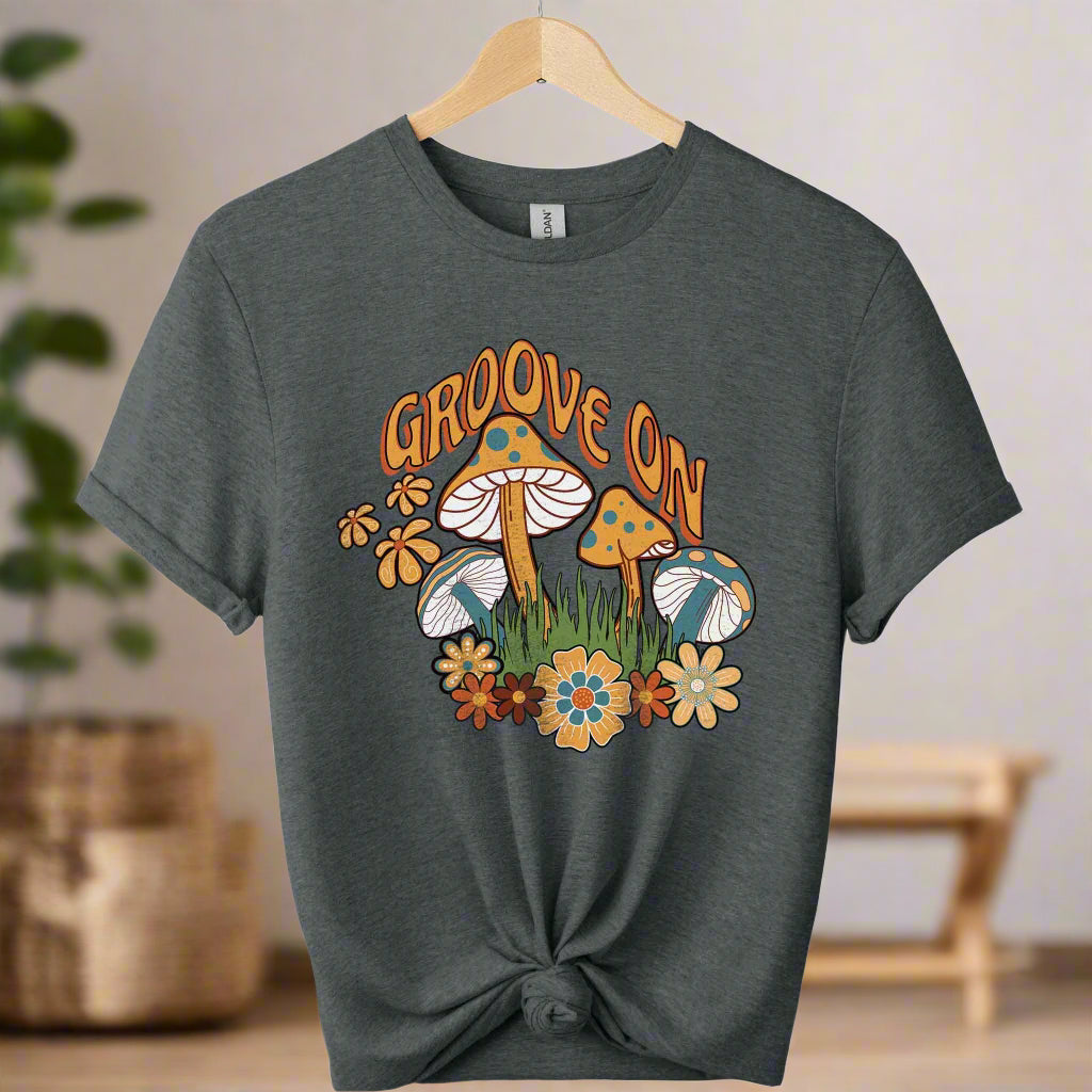 T-shirts color dark heather boho inspired mushroom design and typography retro vintage graphic tee