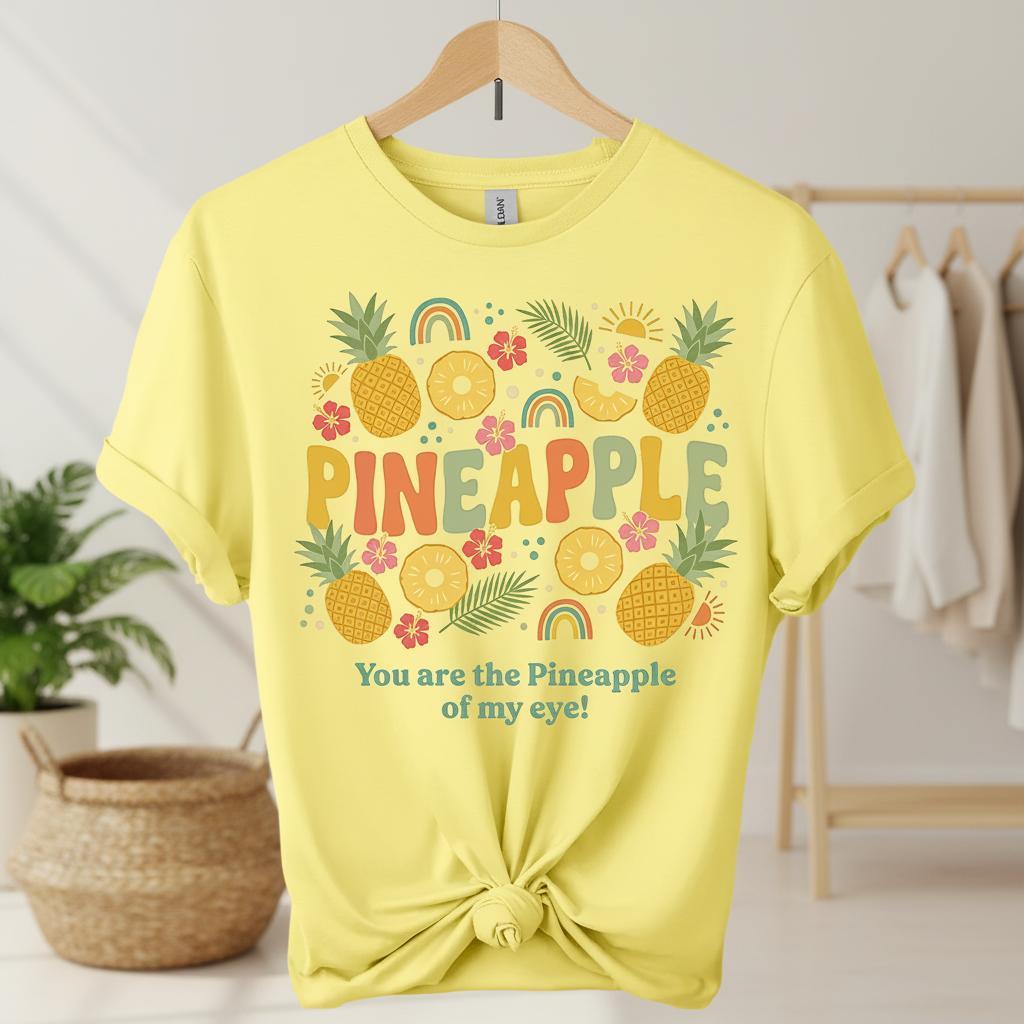 cornsilk-shirt with pineapple design and text on boho background