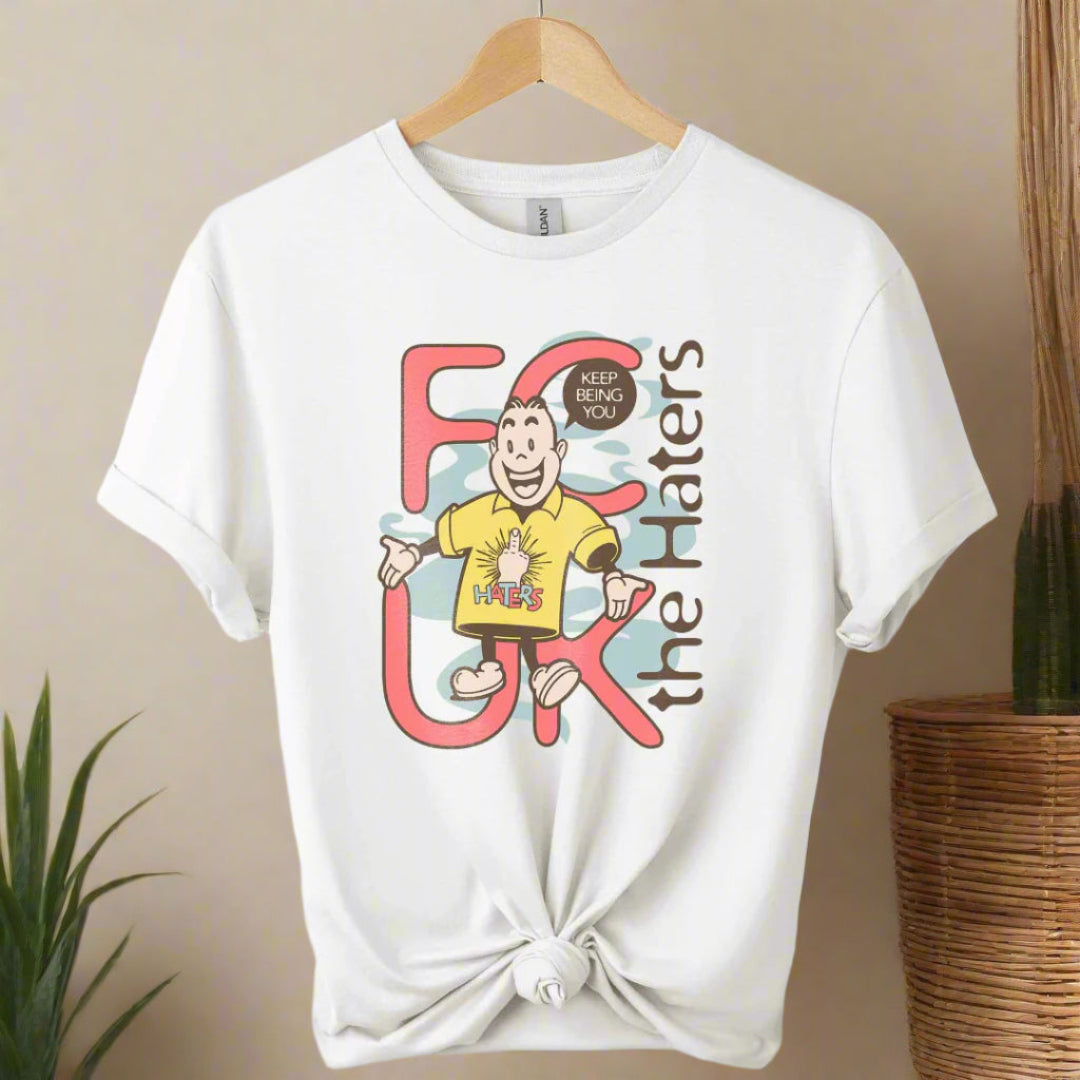 Boho t-shirts  design with cartoon graphic shirts and typography haters ,unisex color white