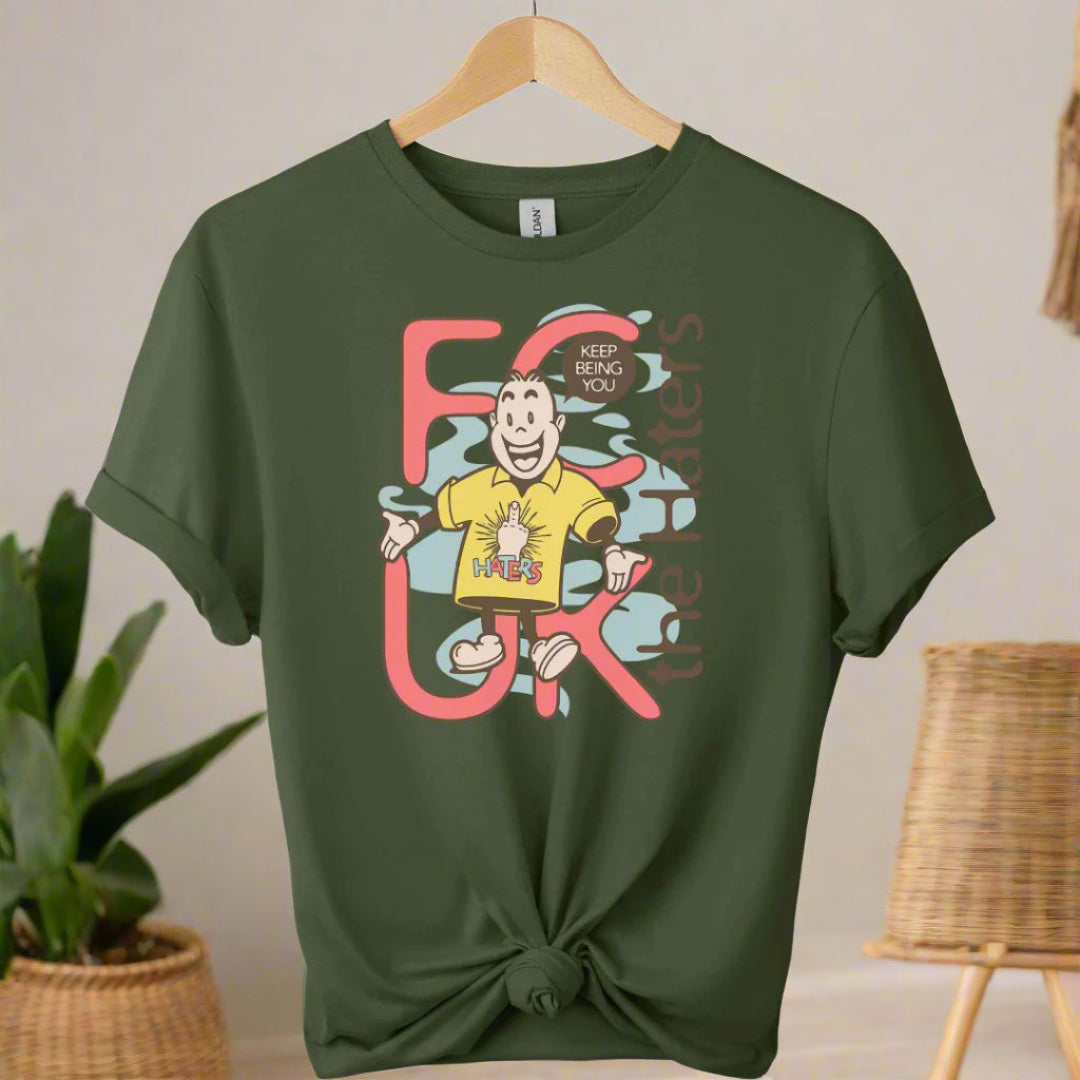 Boho t-shirts  design with cartoon graphic shirts and typography haters ,unisex color military green