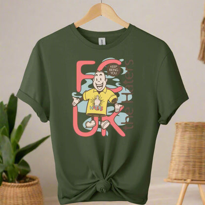 Boho t-shirts  design with cartoon graphic shirts and typography haters ,unisex color military green