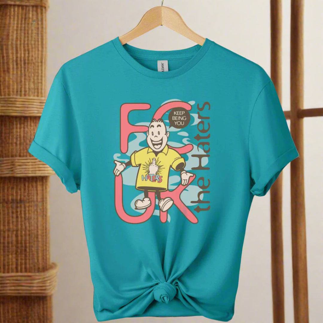 Boho t-shirts  design with cartoon graphic shirts and typography haters ,unisex color tropical blue